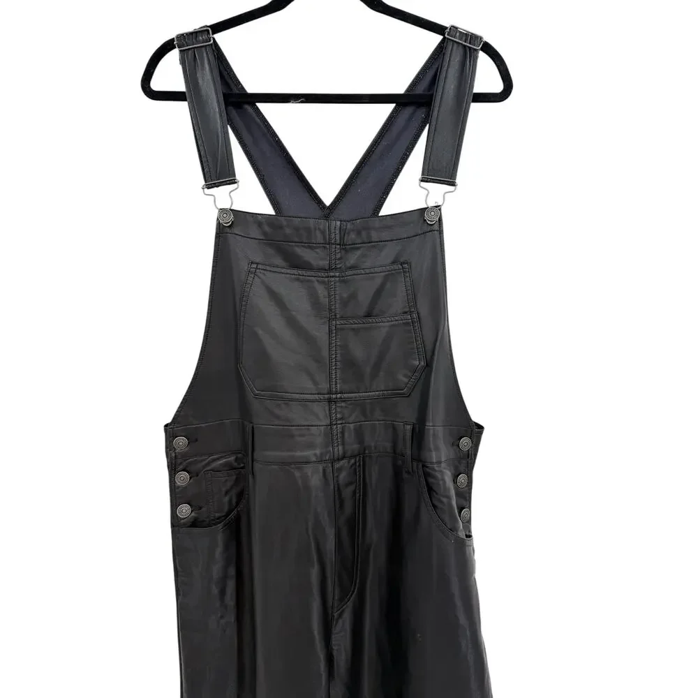 Free People Ziggy Faux Leather‎ Overalls Black Utility Jumpsuit Size Large